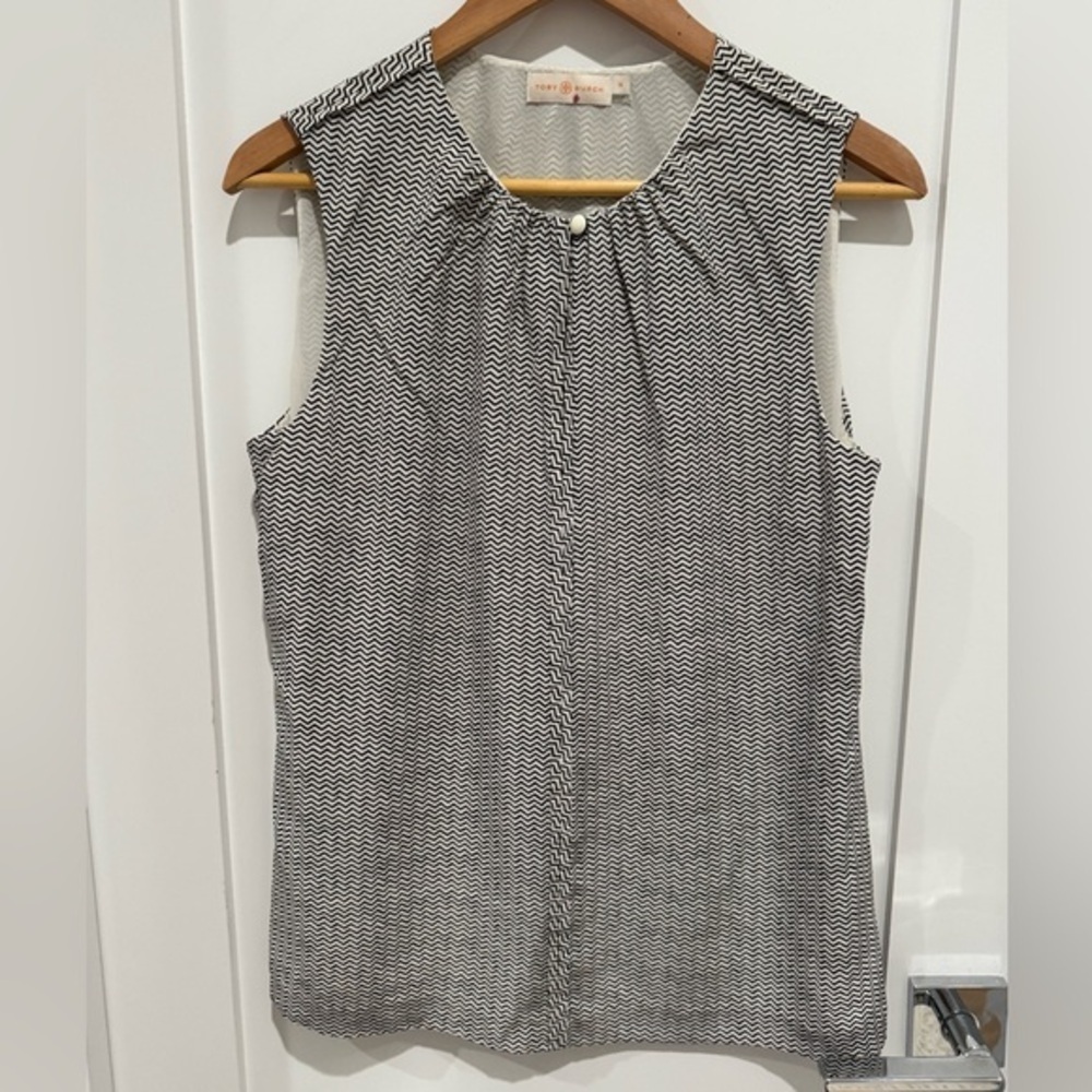 Tory Burch Black and White Zigzag Sleeveless Blouse